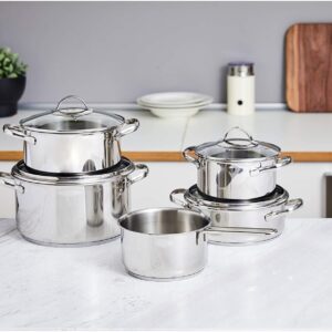 Basics 9-Piece Stainless Steel Induction Cookware Set - Pot with Lids, Saucepan and Casserole