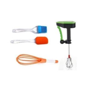 Kitchendesigner Baking Tools Accessories Combo Set Pack of 4-Silicon Basting Spatula, Oil Brush, Power Free Hand Blender/Egg Beater and Plastic Whisk
