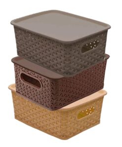 Kitchendesigner Plastic 3 Pieces Small Size Multipurpose Solitaire Storage Basket with Lid