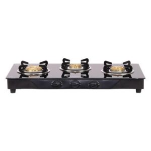 Glory 3 Burner Glass Cooktop, Black 8mm Toughened Glass With 2 Years Warranty, Ergonomic Knobs, Stainless Steel Drip Tray, Manual Ignition Gas Stove