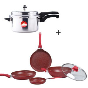 Royal Velvet Aluminium Nonstick Cookware Set (Red) And Ultima Outer Lid Pressure Cooker 5L