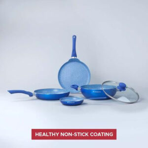 Royal Velvet Non-Stick 5-Piece Cookware Set (Fry Pan With Lid, Wok, Dosa Tawa, Mini Fry Pan) Induction Bottom, Soft-Touch Handles, Virgin Grade Aluminium, PFOA/Heavy Metals Free, 3 Mm, 2 Years Warranty, Blue