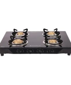 Glory 4 Burner Glass Cooktop, Black 8mm Toughened Glass With 2 Years Warranty, Ergonomic Knobs, Stainless Steel Drip Tray, Manual Ignition Gas Stove