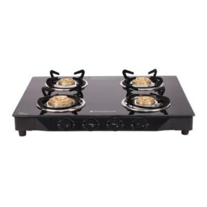 Glory 4 Burner Glass Cooktop, Black 8mm Toughened Glass With 2 Years Warranty, Ergonomic Knobs, Stainless Steel Drip Tray, Manual Ignition Gas Stove