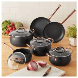 Mainstays 10-Piece Nonstick Cookware Set, Matte Black Rose Gold Handles