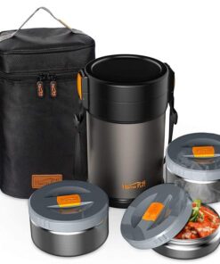 Home Puff Lunch Box Stainless Steel Vacuum Insulated, with Bag, 2.0L, 3 Containers, Grey