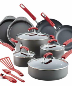 NONSTICK COOKWARE POTS AND PANS SET, 15 PIECE, GRAY WITH RED HANDLES..