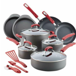 NONSTICK COOKWARE POTS AND PANS SET, 15 PIECE, GRAY WITH RED HANDLES..