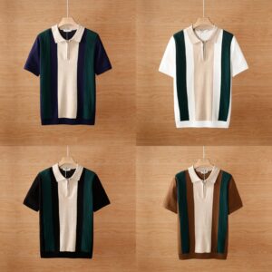 Men's Short Sleeve Color Blocked Knit Polo Shirt Summer Casual